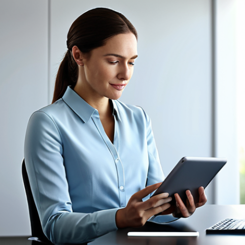 A professional woman, fully clothed in a modest business casual outfit, sitting comfortably at a modern desk in a serene home office. She is calmly interacting with a sleek digital tablet, her expression reflecting contemplation and trust. The background is softly blurred with subtle digital interface elements, emphasizing privacy and connection. The scene evokes a sense of secure digital mental wellness support. safe for work, appropriate content, fully clothed, professional dress, perfect anatomy, correct proportions, natural pose, well-formed hands, proper finger count, natural body proportions, high quality, studio lighting.