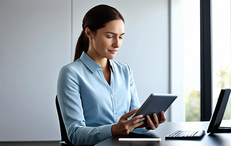 A professional woman, fully clothed in a modest business casual outfit, sitting comfortably at a modern desk in a serene home office. She is calmly interacting with a sleek digital tablet, her expression reflecting contemplation and trust. The background is softly blurred with subtle digital interface elements, emphasizing privacy and connection. The scene evokes a sense of secure digital mental wellness support. safe for work, appropriate content, fully clothed, professional dress, perfect anatomy, correct proportions, natural pose, well-formed hands, proper finger count, natural body proportions, high quality, studio lighting.