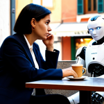 Ethical Dilemma**

"A concerned-looking woman, fully clothed in professional attire, sitting at a cafe in Rome, thoughtfully gazing at a small, friendly-looking humanoid robot sitting across from her. The cafe is bustling with activity, emphasizing the contrast between human connection and artificial companionship. 'Safe for work', 'appropriate content', 'modest', 'professional', perfect anatomy, correct proportions, natural pose, well-formed hands, proper finger count, natural body proportions."

**