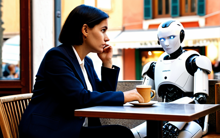 Ethical Dilemma**

"A concerned-looking woman, fully clothed in professional attire, sitting at a cafe in Rome, thoughtfully gazing at a small, friendly-looking humanoid robot sitting across from her. The cafe is bustling with activity, emphasizing the contrast between human connection and artificial companionship. 'Safe for work', 'appropriate content', 'modest', 'professional', perfect anatomy, correct proportions, natural pose, well-formed hands, proper finger count, natural body proportions."

**