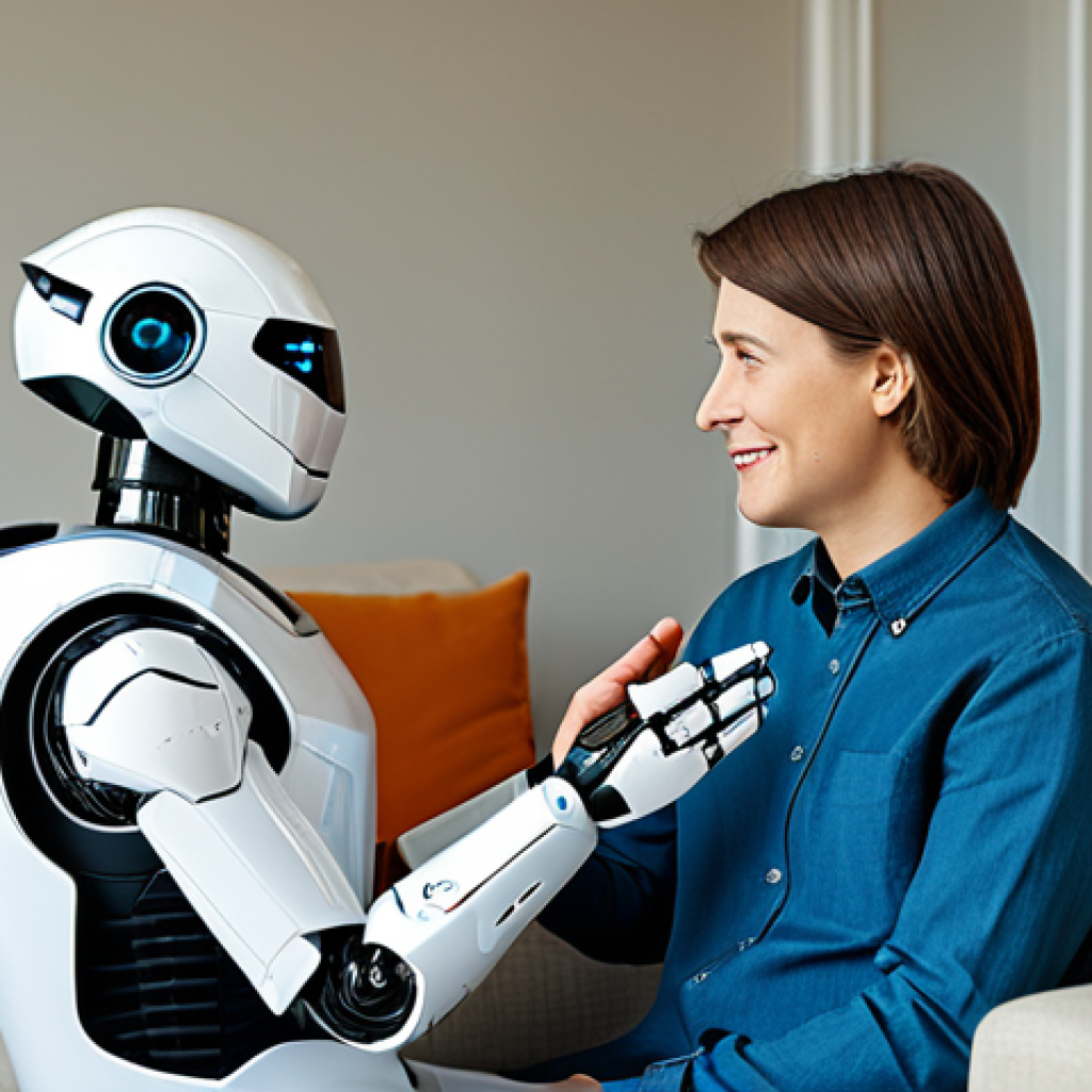 **

"A friendly, approachable humanoid robot with a calm facial expression, sitting across from a fully clothed person in a comfortable armchair in a well-lit living room, appropriate content, professional setting, natural pose, perfect anatomy, safe for work, modest environment, showcasing a supportive conversation."

**