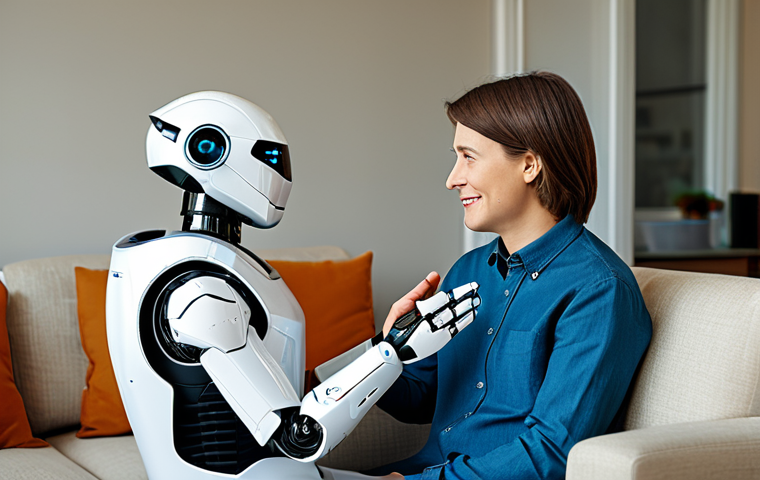 **

"A friendly, approachable humanoid robot with a calm facial expression, sitting across from a fully clothed person in a comfortable armchair in a well-lit living room, appropriate content, professional setting, natural pose, perfect anatomy, safe for work, modest environment, showcasing a supportive conversation."

**