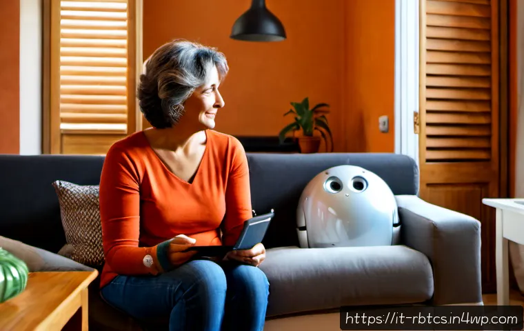Home 14 로봇 심리상담의 심리적 지원의 역할 - Photorealistic warm living room in an Italian apartment, a middle-aged Italian woman seated comforta...
