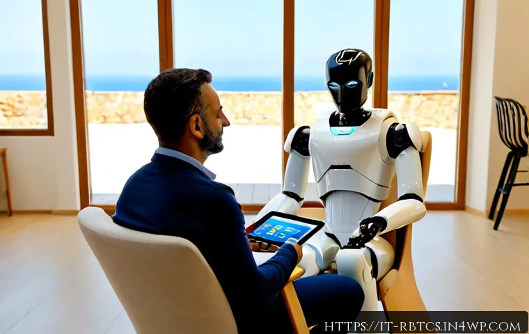 Home 17 로봇 심리상담의 적합성 평가 기준 - Photorealistic modern counseling room in Italy, a compassionate humanoid robot therapist seated acro...