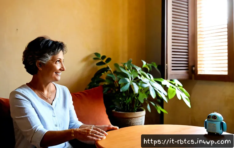 로봇 심리상담의 장기적인 효과 - Photorealistic warm Italian home interior, a middle-aged woman seated comfortably in a sunlit living...